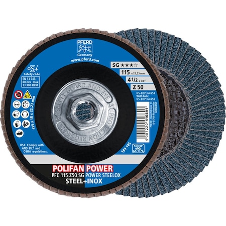 Pferd Flap Disc, 4-1/2''x5/8-11, Z SG POWER STEELOX, 50 Grit, T29, Conical, Zirconia 64559